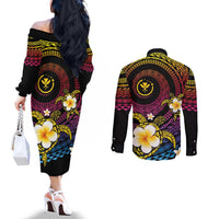 Hawaiian Plumeria Turtle Tribal Spiral Polynesian Tattoo Couples Matching Off The Shoulder Long Sleeve Dress and Long Sleeve Button Shirt Fanciful Color