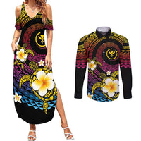 Hawaiian Plumeria Turtle Tribal Spiral Polynesian Tattoo Couples Matching Summer Maxi Dress and Long Sleeve Button Shirt Fanciful Color