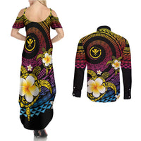 Hawaiian Plumeria Turtle Tribal Spiral Polynesian Tattoo Couples Matching Summer Maxi Dress and Long Sleeve Button Shirt Fanciful Color