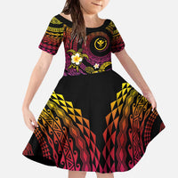 Hawaiian Plumeria Turtle Tribal Spiral Polynesian Tattoo Family Matching Off The Shoulder Long Sleeve Dress and Hawaiian Shirt Fanciful Color LT03 Daughter's Dress Gradient - Polynesian Pride
