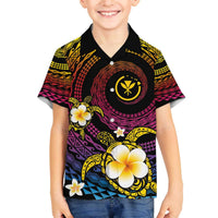 Hawaiian Plumeria Turtle Tribal Spiral Polynesian Tattoo Family Matching Off The Shoulder Long Sleeve Dress and Hawaiian Shirt Fanciful Color LT03 Son's Shirt Gradient - Polynesian Pride