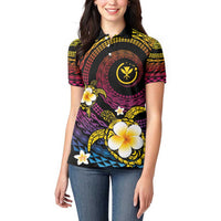 Hawaiian Plumeria Turtle Tribal Spiral Polynesian Tattoo Women Polo Shirt Fanciful Color