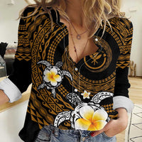 Hawaiian Plumeria Turtle Tribal Spiral Polynesian Tattoo Women Casual Shirt Gold Color