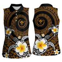 Hawaiian Plumeria Turtle Tribal Spiral Polynesian Tattoo Women Sleeveless Polo Shirt Gold Color