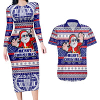 Custom American Samoa Christmas Couples Matching Long Sleeve Bodycon Dress and Hawaiian Shirt Samoan Coat of Arms and Cool Santa Ornament Style LT03 Blue - Polynesian Pride