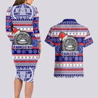 Custom American Samoa Christmas Couples Matching Long Sleeve Bodycon Dress and Hawaiian Shirt Samoan Coat of Arms and Cool Santa Ornament Style LT03 - Polynesian Pride