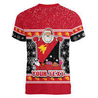 Custom Papua New Guinea Christmas Women V Neck T Shirt Santa With Flag Of PNG Polynesian Tribal Xmas Vibe LT03 - Polynesian Pride
