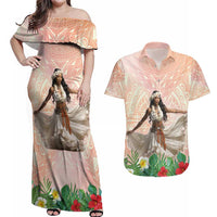 Woman Polynesian Tattoos Couples Matching Off Shoulder Maxi Dress and Hawaiian Shirt Tropical Flower - Peach Fuzz Color