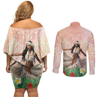 Woman Polynesian Tattoos Couples Matching Off Shoulder Short Dress and Long Sleeve Button Shirt Tropical Flower - Peach Fuzz Color