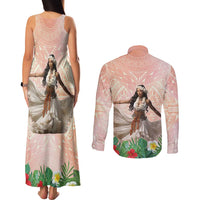 Woman Polynesian Tattoos Couples Matching Tank Maxi Dress and Long Sleeve Button Shirt Tropical Flower - Peach Fuzz Color