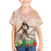 Woman Polynesian Tattoos Family Matching Long Sleeve Bodycon Dress and Hawaiian Shirt Tropical Flower - Peach Fuzz Color