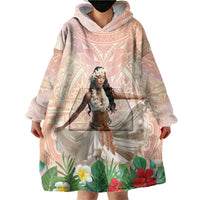 Woman Polynesian Tattoos Wearable Blanket Hoodie Tropical Flower - Peach Fuzz Color