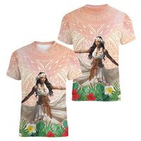 Woman Polynesian Tattoos Women V-Neck T-Shirt Tropical Flower - Peach Fuzz Color