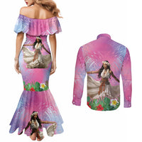 Woman Polynesian Tattoos Couples Matching Mermaid Dress and Long Sleeve Button Shirt Tropical Flower - Sweets Vibrant Color