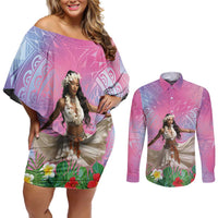 Woman Polynesian Tattoos Couples Matching Off Shoulder Short Dress and Long Sleeve Button Shirt Tropical Flower - Sweets Vibrant Color
