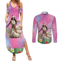 Woman Polynesian Tattoos Couples Matching Summer Maxi Dress and Long Sleeve Button Shirt Tropical Flower - Sweets Vibrant Color