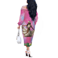 Woman Polynesian Tattoos Off The Shoulder Long Sleeve Dress Tropical Flower - Sweets Vibrant Color