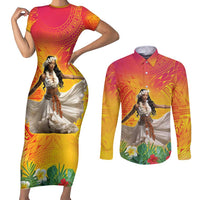 Woman Polynesian Tattoos Couples Matching Short Sleeve Bodycon Dress and Long Sleeve Button Shirt Tropical Flower - Vibrant Hot Color