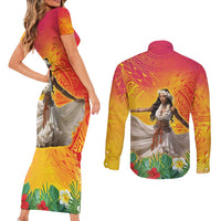 Woman Polynesian Tattoos Couples Matching Short Sleeve Bodycon Dress and Long Sleeve Button Shirt Tropical Flower - Vibrant Hot Color