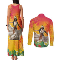 Woman Polynesian Tattoos Couples Matching Tank Maxi Dress and Long Sleeve Button Shirt Tropical Flower - Vibrant Hot Color