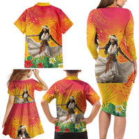 Woman Polynesian Tattoos Family Matching Long Sleeve Bodycon Dress and Hawaiian Shirt Tropical Flower - Vibrant Hot Color