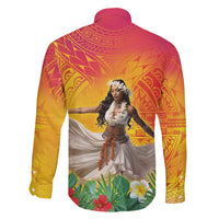 Woman Polynesian Tattoos Family Matching Long Sleeve Bodycon Dress and Hawaiian Shirt Tropical Flower - Vibrant Hot Color