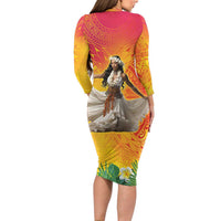 Woman Polynesian Tattoos Family Matching Long Sleeve Bodycon Dress and Hawaiian Shirt Tropical Flower - Vibrant Hot Color