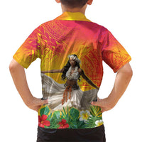 Woman Polynesian Tattoos Family Matching Short Sleeve Bodycon Dress and Hawaiian Shirt Tropical Flower - Vibrant Hot Color LT03 - Polynesian Pride