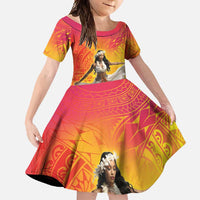 Woman Polynesian Tattoos Family Matching Short Sleeve Bodycon Dress and Hawaiian Shirt Tropical Flower - Vibrant Hot Color LT03 Daughter's Dress Vibrant Gradient - Polynesian Pride