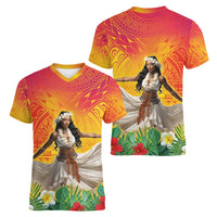 Woman Polynesian Tattoos Women V-Neck T-Shirt Tropical Flower - Vibrant Hot Color