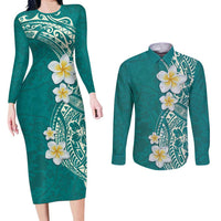 Plumeria Couples Matching Long Sleeve Bodycon Dress and Long Sleeve Button Shirt Polynesian Tribal Frangipani Teal