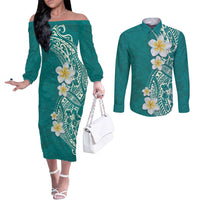 Plumeria Couples Matching Off The Shoulder Long Sleeve Dress and Long Sleeve Button Shirt Polynesian Tribal Frangipani Teal