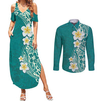 Plumeria Couples Matching Summer Maxi Dress and Long Sleeve Button Shirt Polynesian Tribal Frangipani Teal
