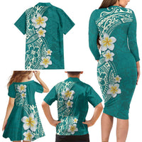 Plumeria Family Matching Long Sleeve Bodycon Dress and Hawaiian Shirt Polynesian Tribal Frangipani Teal