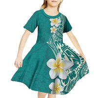 Plumeria Kid Short Sleeve Dress Polynesian Tribal Frangipani Teal