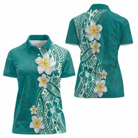 Plumeria Women Polo Shirt Polynesian Tribal Frangipani Teal