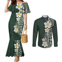 Plumeria Couples Matching Mermaid Dress and Long Sleeve Button Shirt Polynesian Tribal Frangipani Green