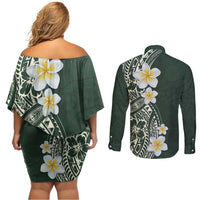 Plumeria Couples Matching Off Shoulder Short Dress and Long Sleeve Button Shirt Polynesian Tribal Frangipani Green