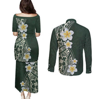 Plumeria Couples Matching Puletasi and Long Sleeve Button Shirt Polynesian Tribal Frangipani Green