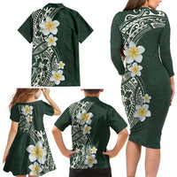 Plumeria Family Matching Long Sleeve Bodycon Dress and Hawaiian Shirt Polynesian Tribal Frangipani Green