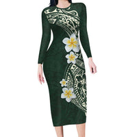 Plumeria Family Matching Long Sleeve Bodycon Dress and Hawaiian Shirt Polynesian Tribal Frangipani Green