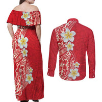 Plumeria Couples Matching Off Shoulder Maxi Dress and Long Sleeve Button Shirt Polynesian Tribal Frangipani Red