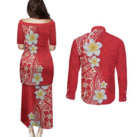 Plumeria Couples Matching Puletasi and Long Sleeve Button Shirt Polynesian Tribal Frangipani Red
