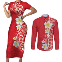 Plumeria Couples Matching Short Sleeve Bodycon Dress and Long Sleeve Button Shirt Polynesian Tribal Frangipani Red