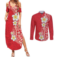 Plumeria Couples Matching Summer Maxi Dress and Long Sleeve Button Shirt Polynesian Tribal Frangipani Red