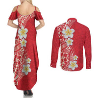 Plumeria Couples Matching Summer Maxi Dress and Long Sleeve Button Shirt Polynesian Tribal Frangipani Red