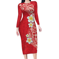 Plumeria Family Matching Long Sleeve Bodycon Dress and Hawaiian Shirt Polynesian Tribal Frangipani Red