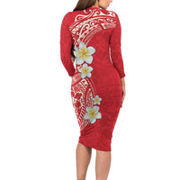 Plumeria Family Matching Long Sleeve Bodycon Dress and Hawaiian Shirt Polynesian Tribal Frangipani Red