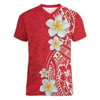 Plumeria Women V-Neck T-Shirt Polynesian Tribal Frangipani Red