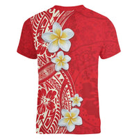 Plumeria Women V-Neck T-Shirt Polynesian Tribal Frangipani Red